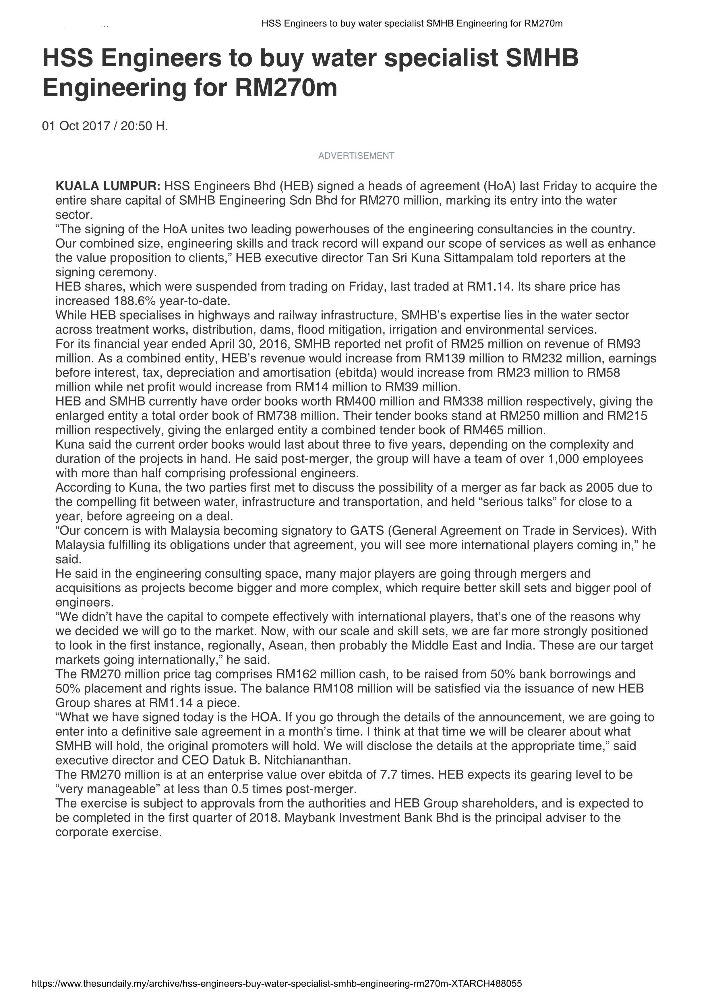 HSS Engineers to buy water specialist for RM270mil SMHB Corporate site