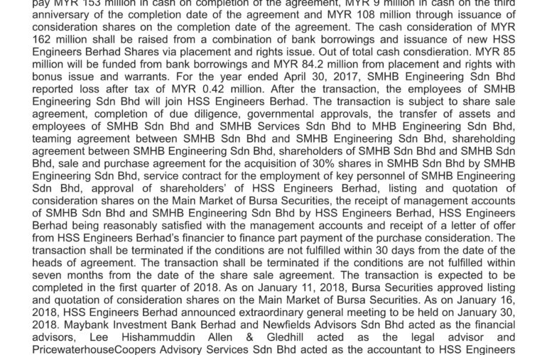 HSS Engineers to buy water specialist for RM270mil SMHB Corporate site